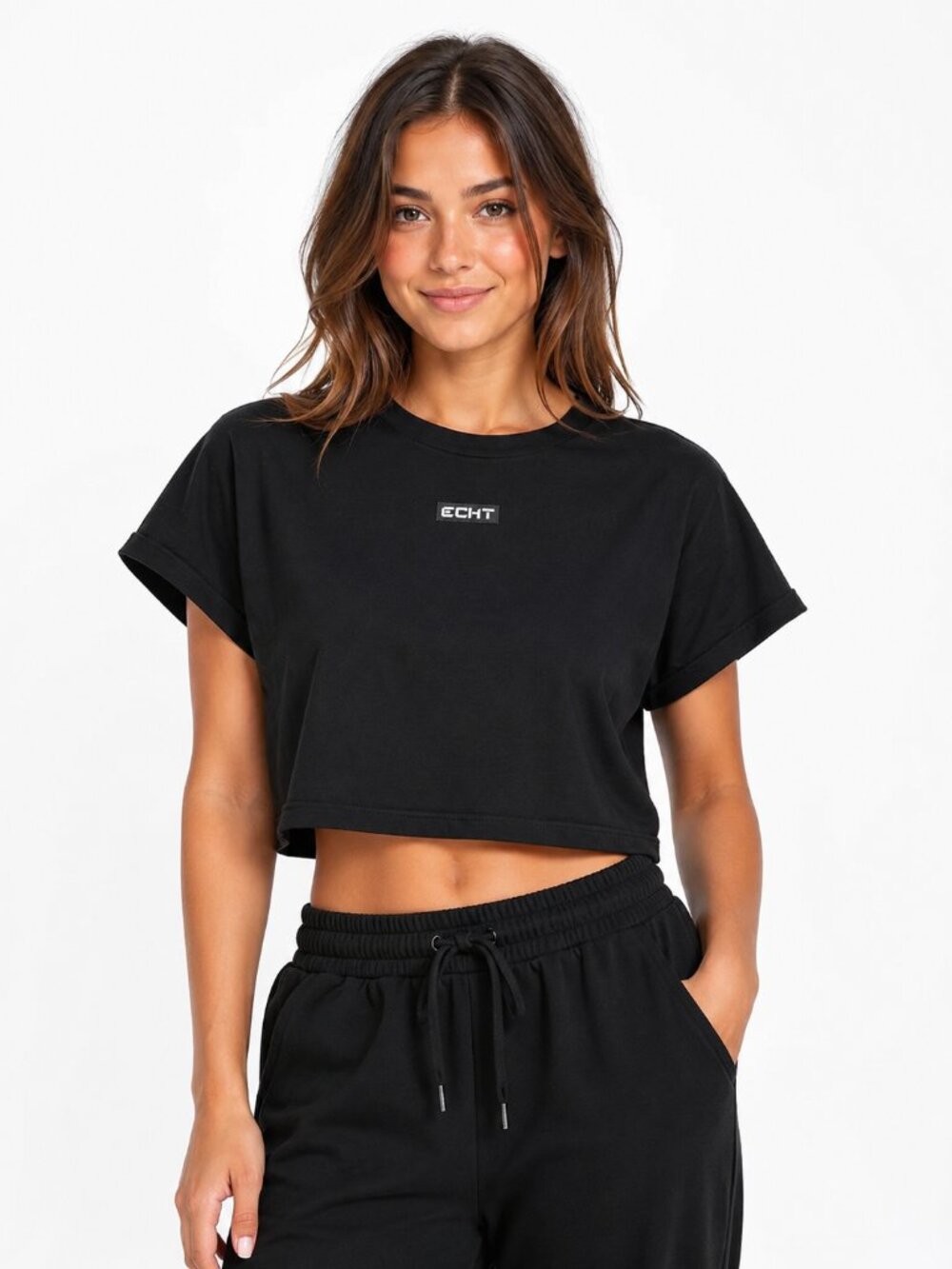 ECHT Black Boxy Cropped Short Sleeve Gym Workout Tee Shirt Size M